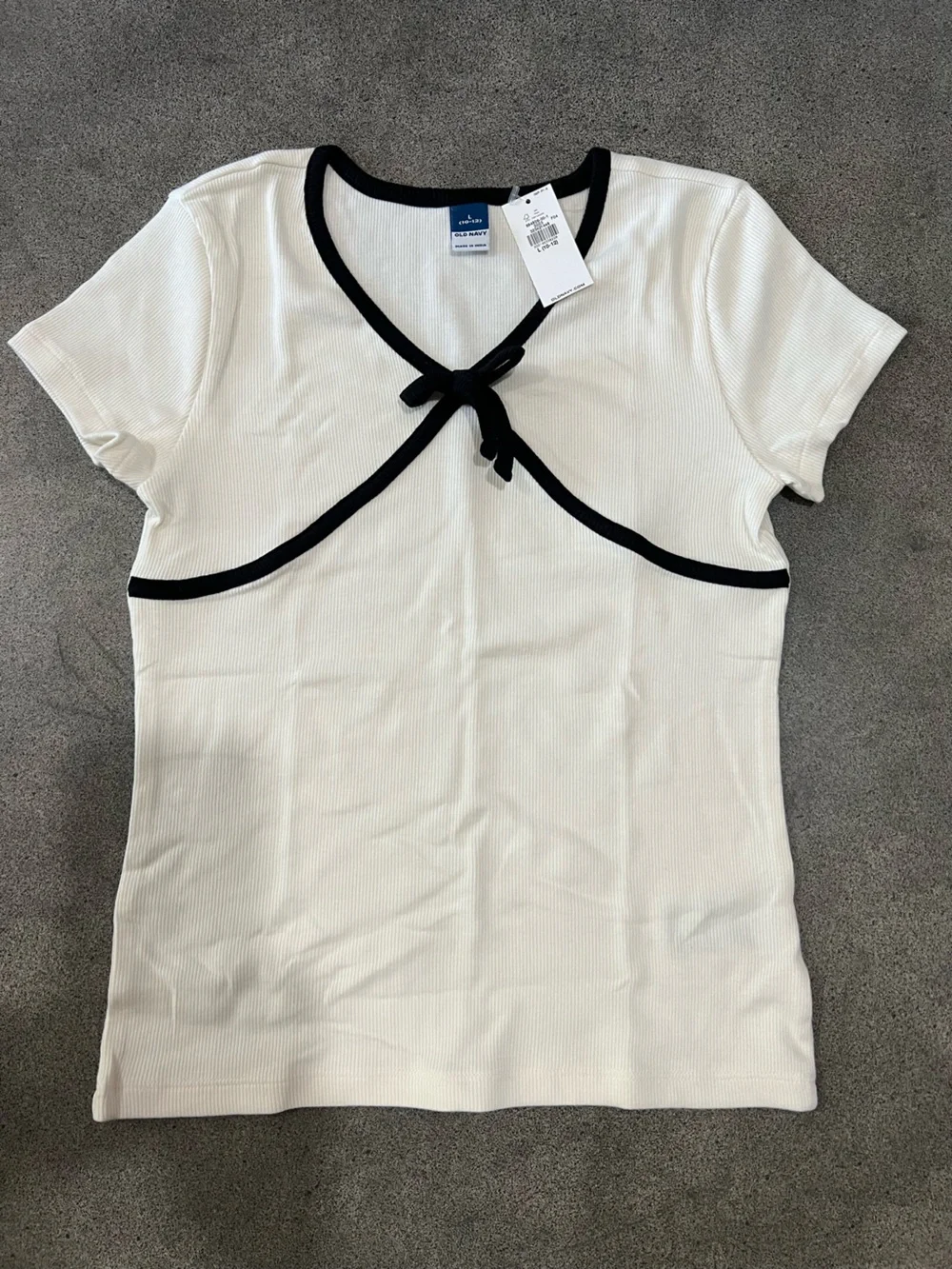 Old Navy White Short Sleeve Top with Black Trim and Front Tie